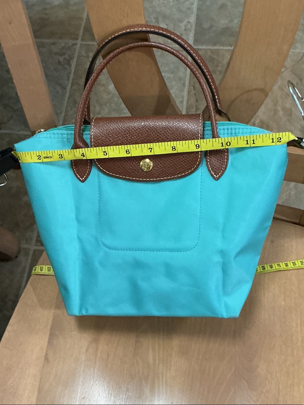 Longchamp Turquoise Nylon Le Pliage Tote with Brown Leather Trim - Picture 8 of 14